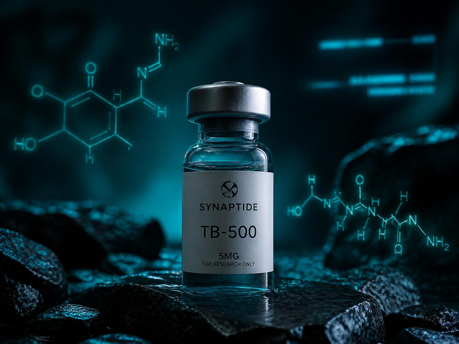 Frasco de peptídeo TB-500 com estrutura molecular projetada
